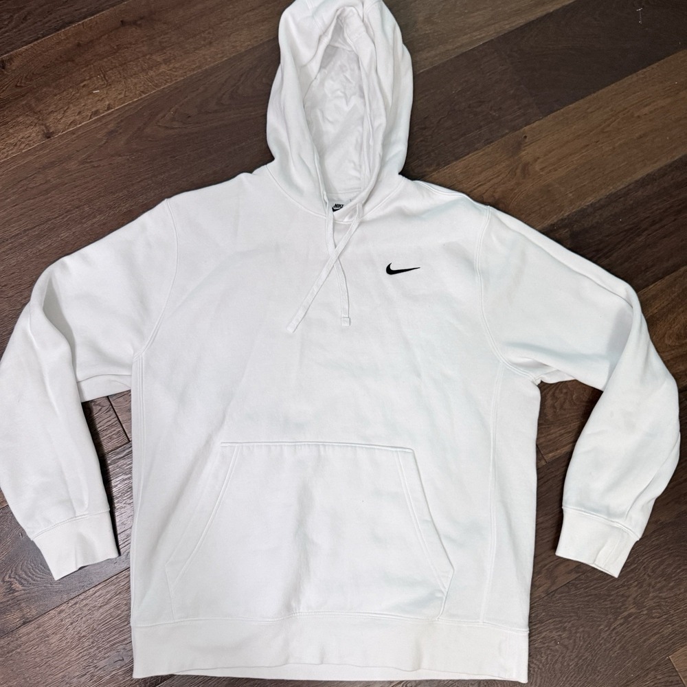 Nike Men's Large White Pullover Fleece Hoodie Black Embroidered Swoosh